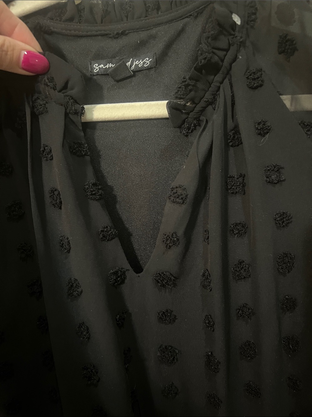 Black Sheer Swiss Dot Midi Dress with Ruffled Hem - Picture 5 of 12